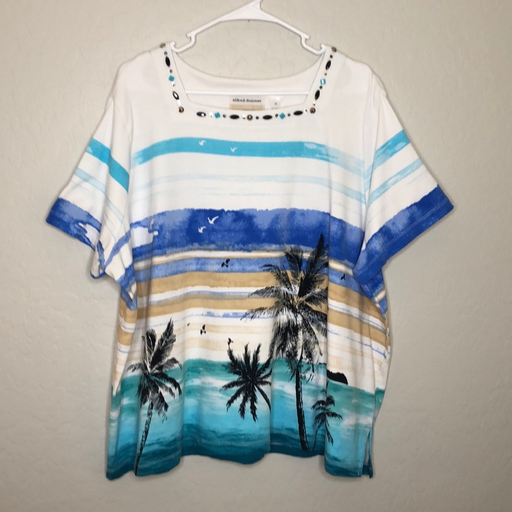 Alfred Dunner Logo Beach Blouse Square Neck Stripe